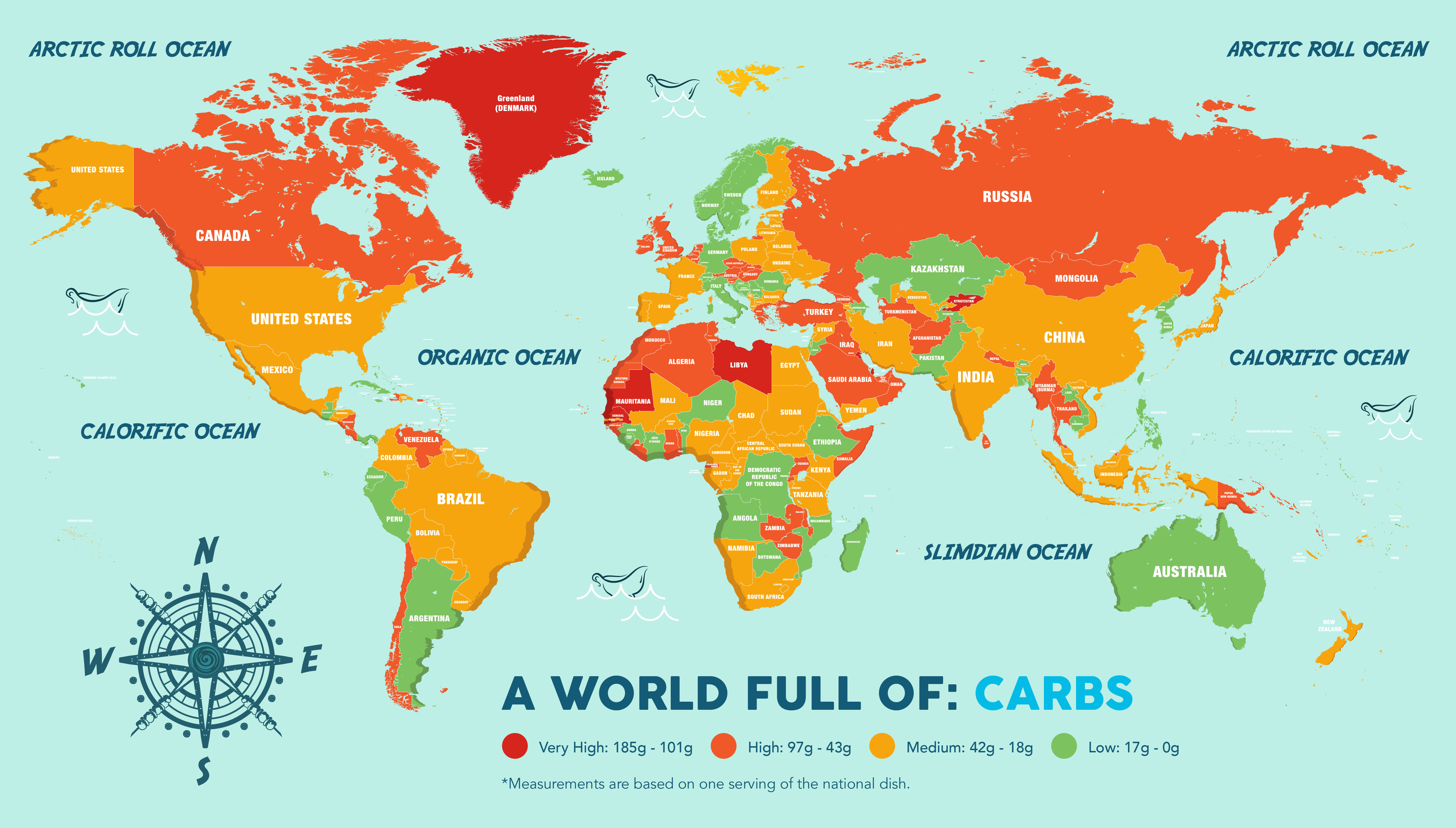 a world map showing national dishes by carbs.