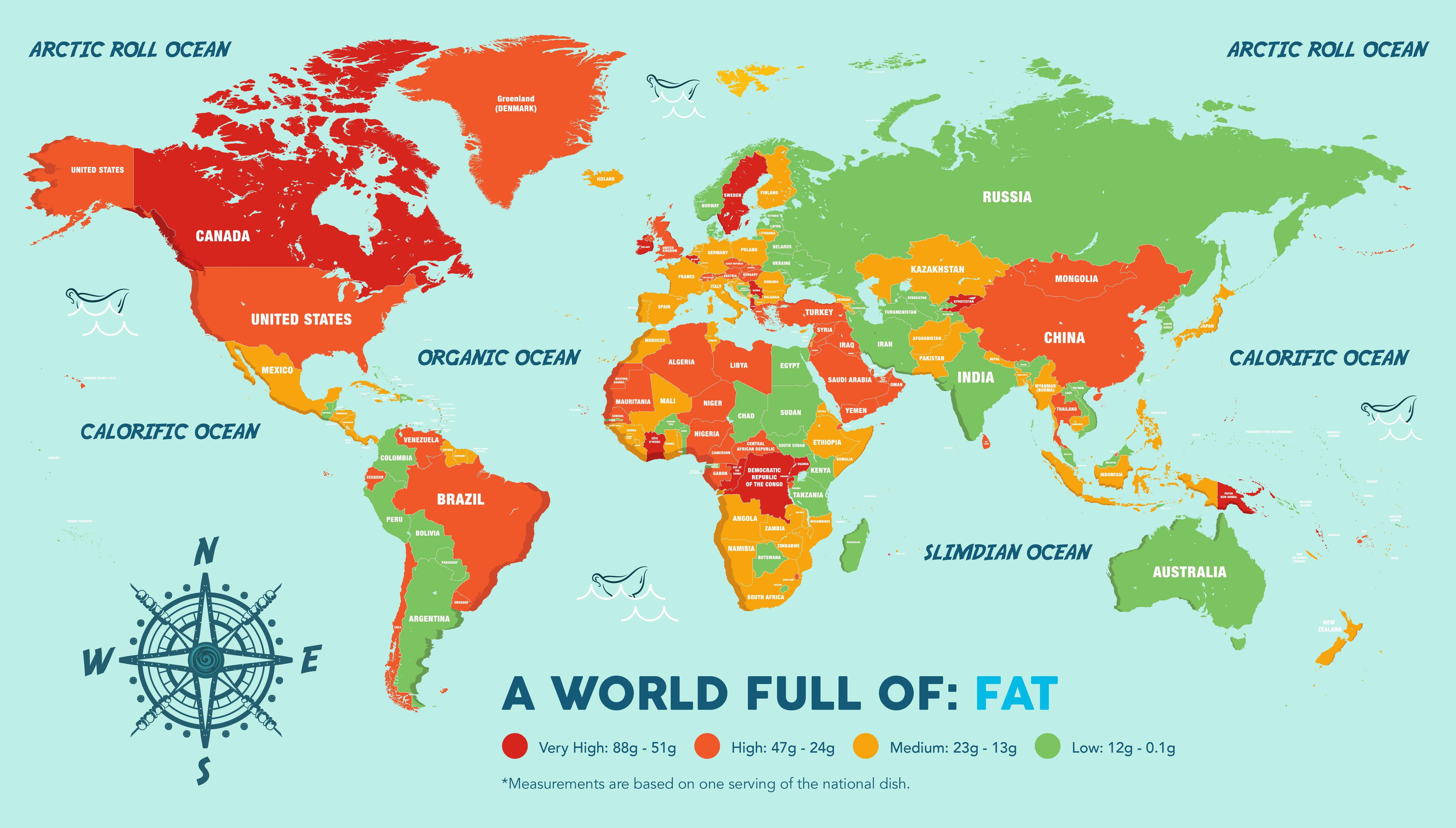 a world map showing national dishes by fat.