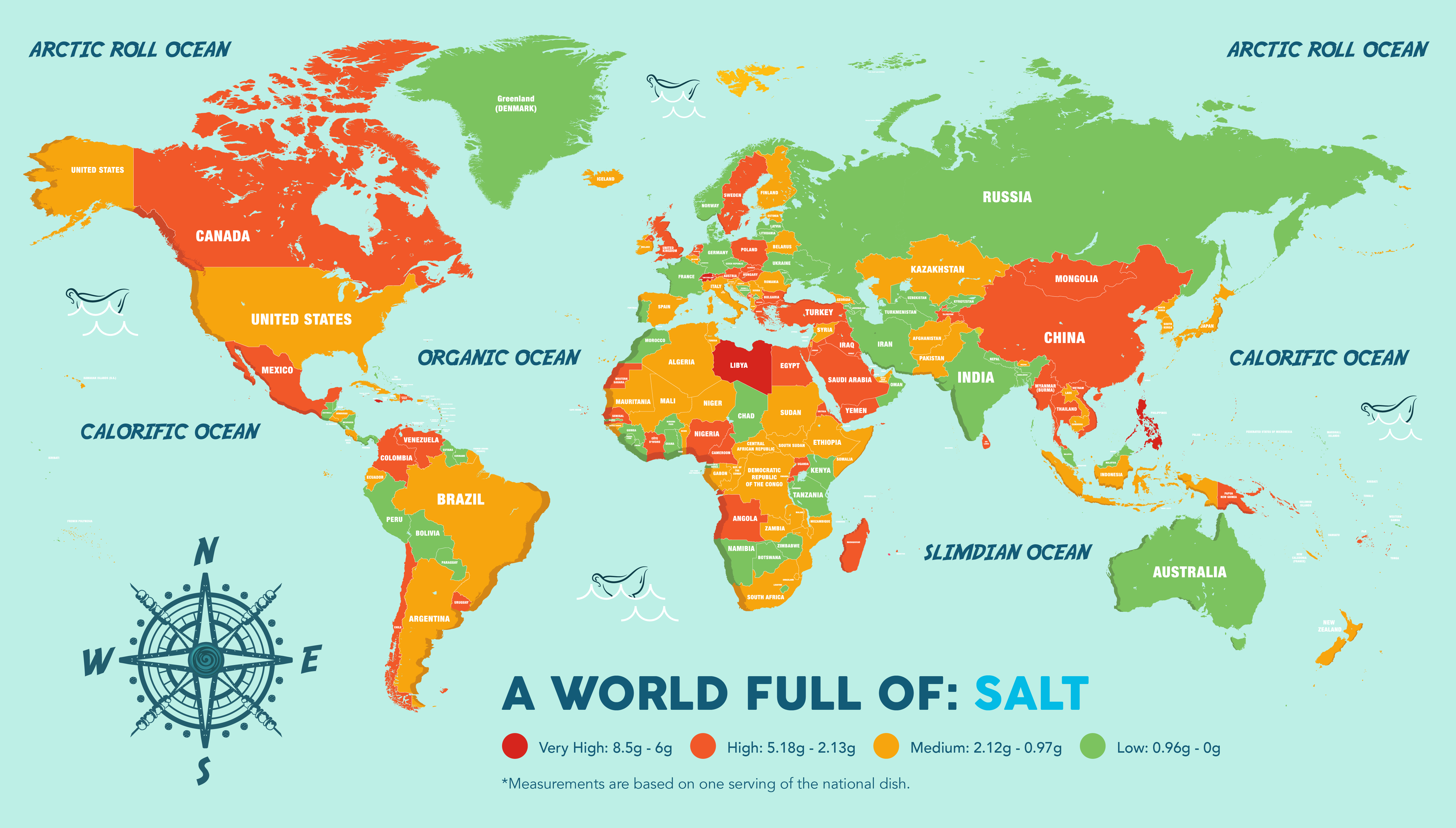 a world map showing national dishes by salt.