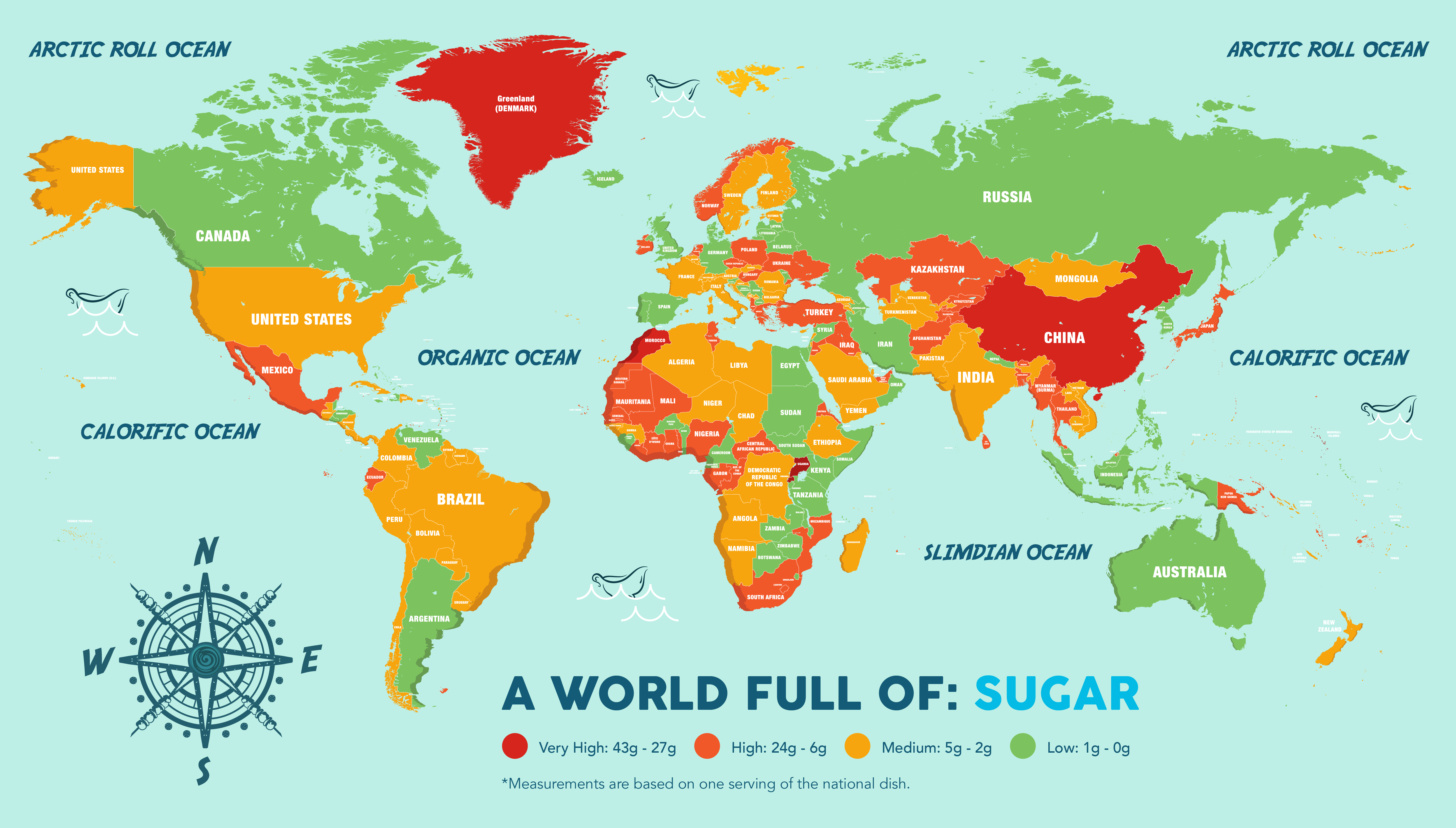 a world map showing national dishes by sugar.
