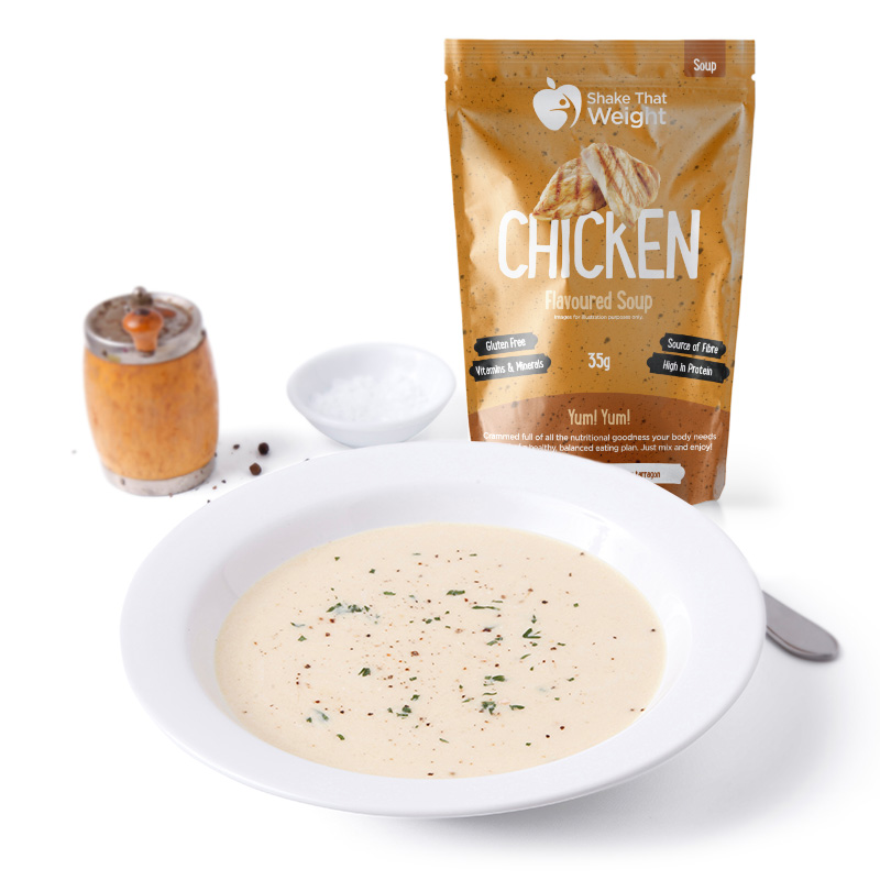 chicken diet protein soup in bowl with packaging