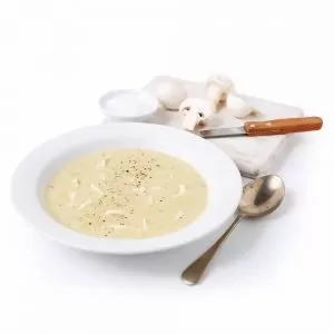 ham and mushroom diet soup in bowl