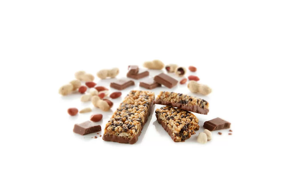 chocolate peanut protein bar in sections