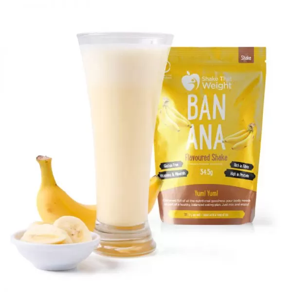 banana diet protein shake in glass with sachet
