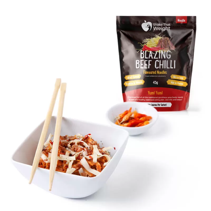 beef chili diet protein noodles in bowl with sachet