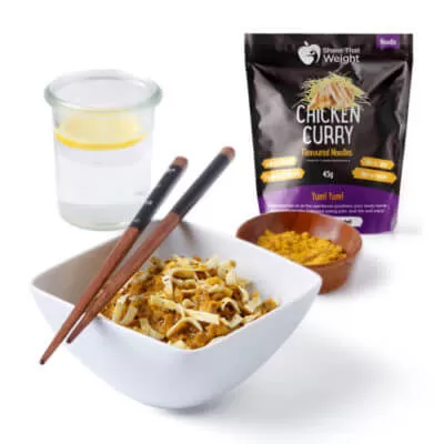 curry diet protein noodles in bowl with sachet