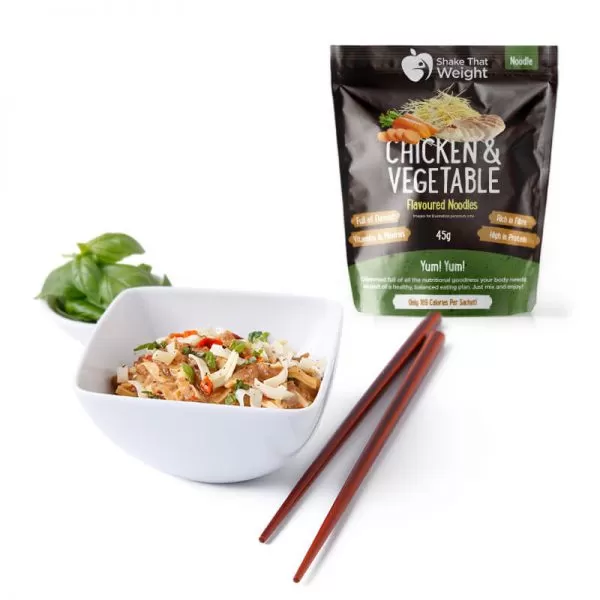 chicken and veg diet noodles in bowl with packaging