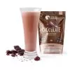 chocolate diet protein shake in glass with packaging