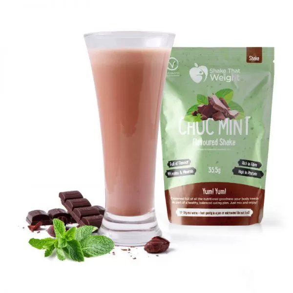 chocolate mint diet protein shake in glass with sachet