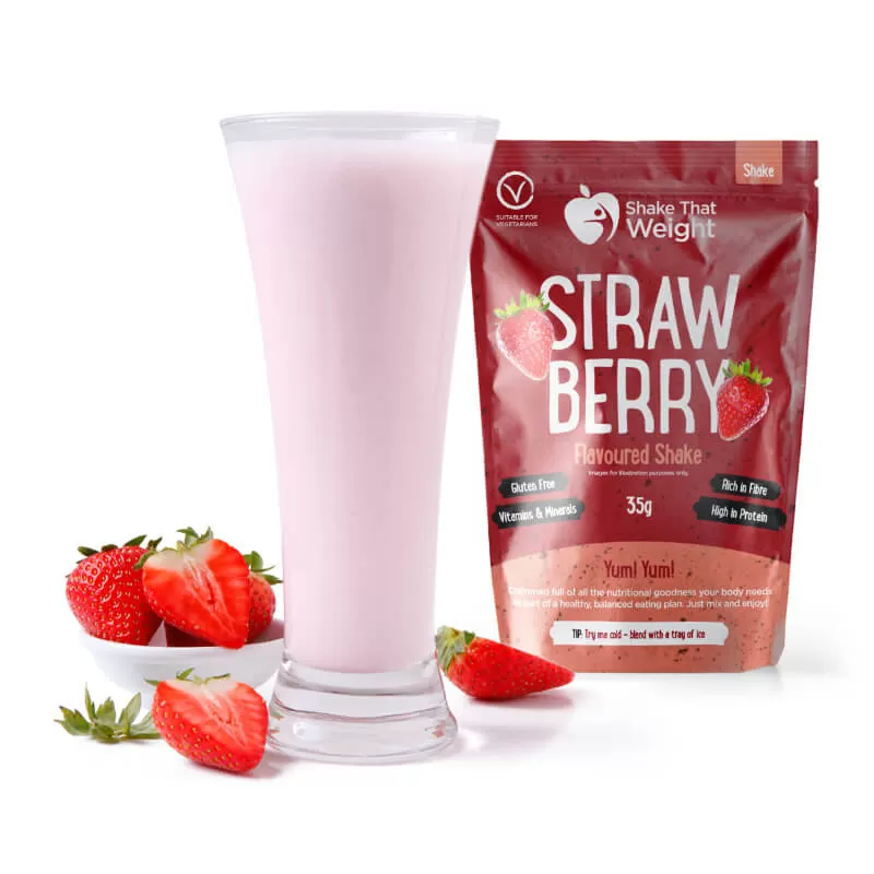 strawberry diet protein shake in glass with sachet