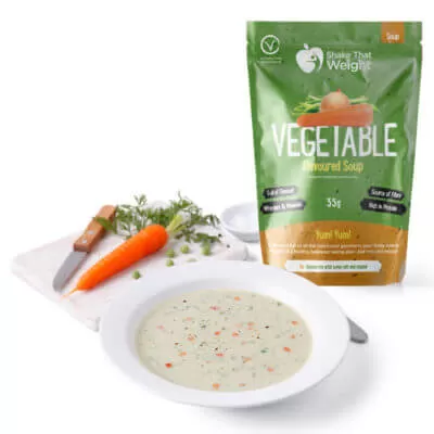 vegetable diet protein soup in bowl with sachet