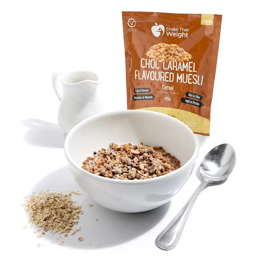 chocolate caramel diet muesli in bowl with packaging