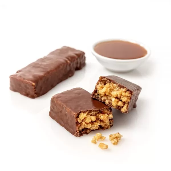 crispy caramel diet protein bar in half sections