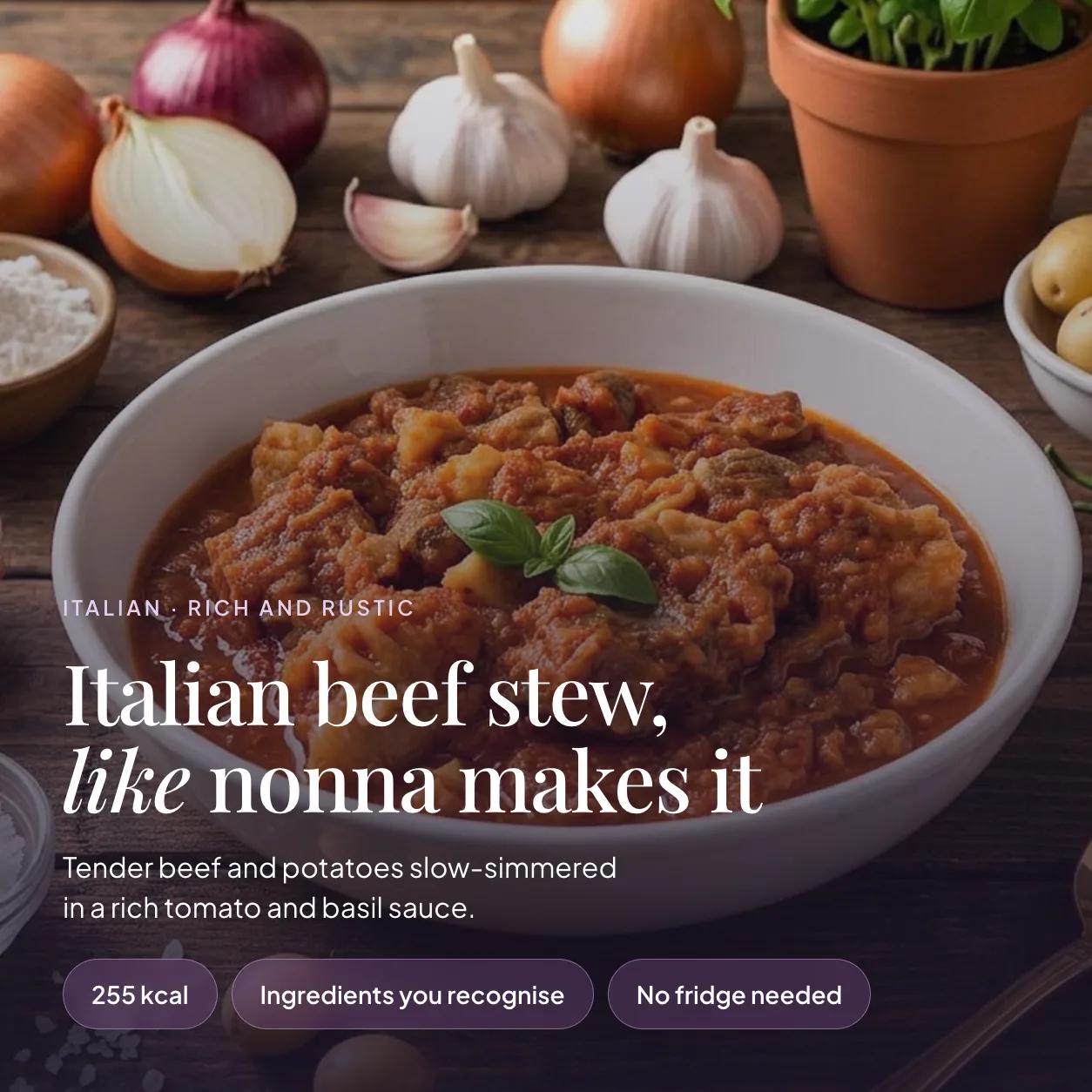 Bowl of EatProtein Italian beef stew ready meal with tender beef and potatoes in a rich tomato and basil sauce — 255 kcal, no fridge needed