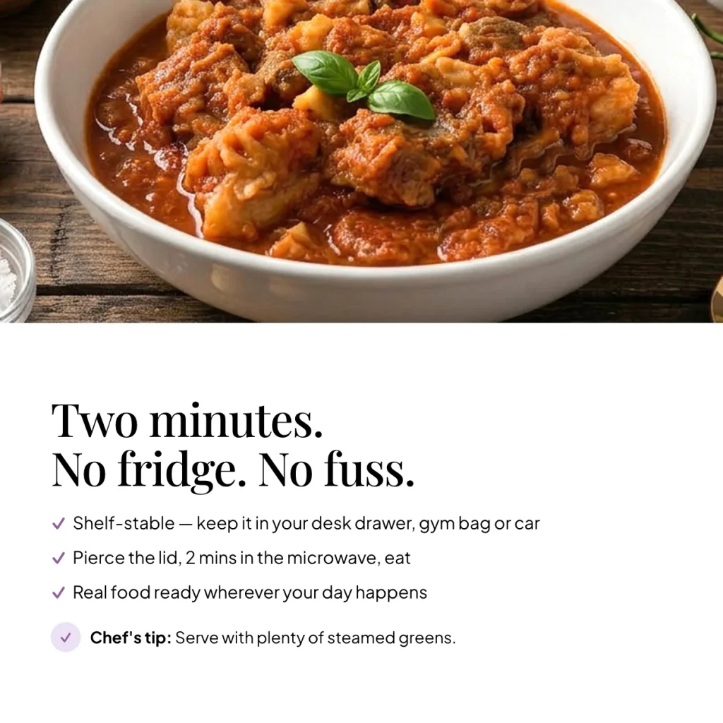 Bowl of EatProtein Italian beef stew ready meal — shelf stable, pierce the lid and microwave for 2 minutes; chef's tip: serve with plenty of steamed greens