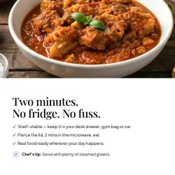 Bowl of EatProtein Italian beef stew ready meal — shelf stable, pierce the lid and microwave for 2 minutes; chef's tip: serve with plenty of steamed greens
