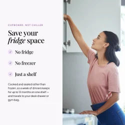 Woman reaching into a kitchen cupboard — EatProtein ready meals need no fridge or freezer and keep for up to 12 months on a shelf