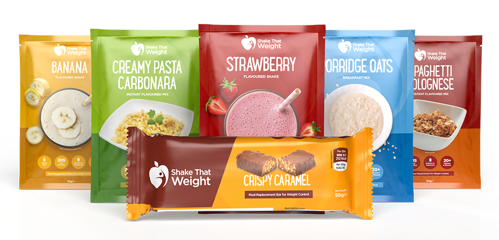 A selection of Shake That Weight shakes, bars, soups and meals