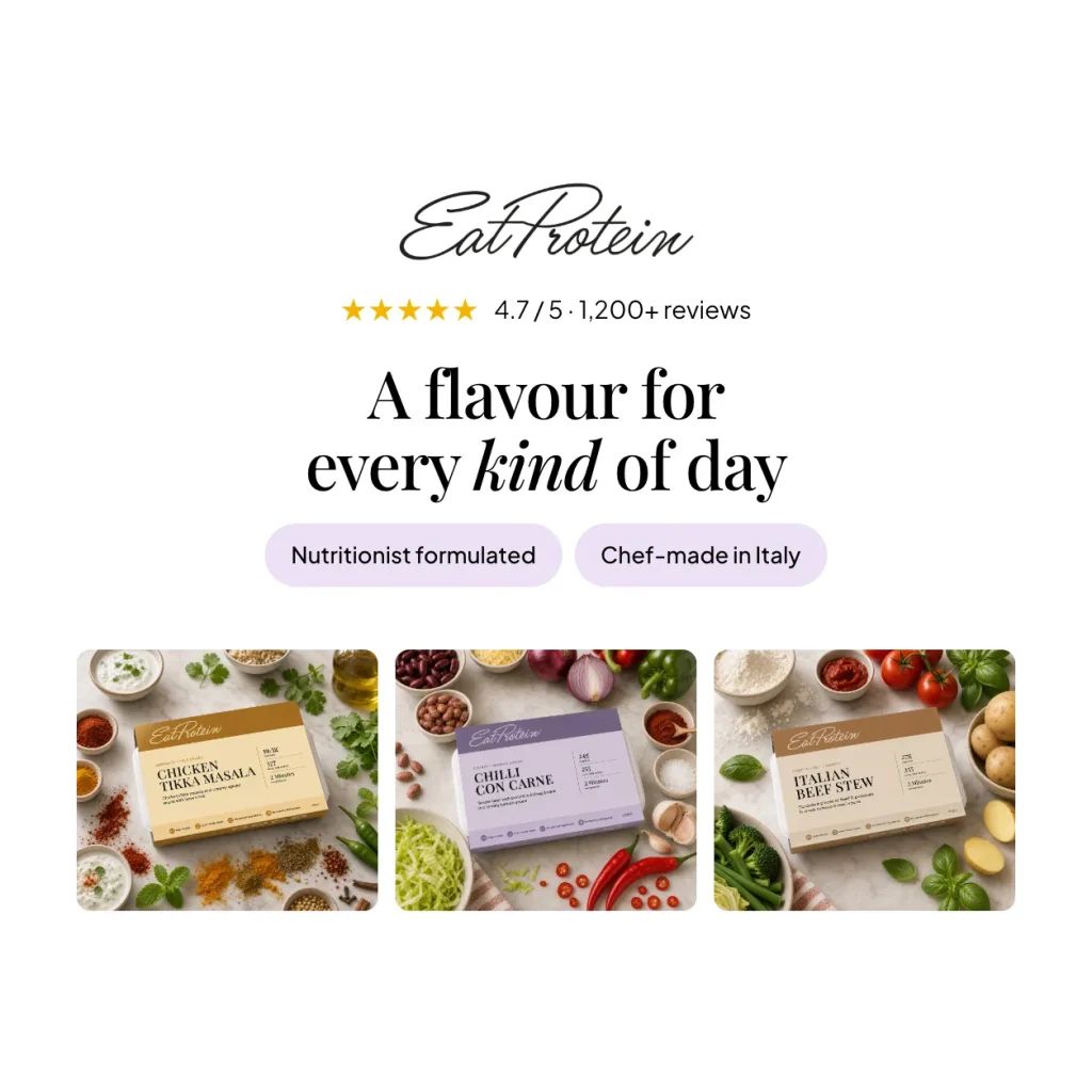 The EatProtein ready meal range — chicken tikka masala, chilli con carne and Italian beef stew — nutritionist formulated and chef-made in Italy