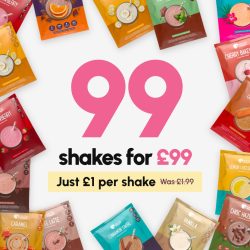 99 shakes for £99 — just £1 per shake, was £1.99, surrounded by shake pouches