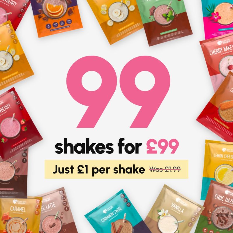 99 shakes for £99 — just £1 per shake, was £1.99, surrounded by shake pouches