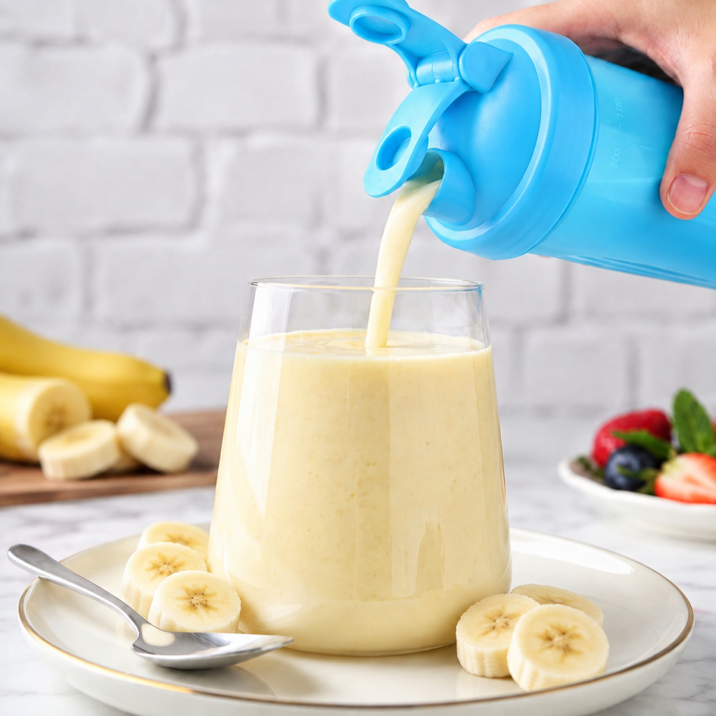 Banana shake being poured from a shaker