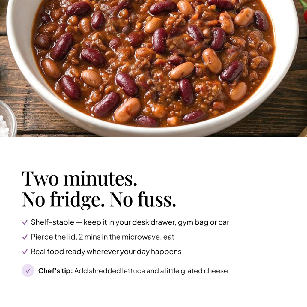 Bowl of Shake That Weight chilli con carne ready meal — shelf stable, pierce the lid and microwave for 2 minutes; chef's tip: add shredded lettuce and a little grated cheese
