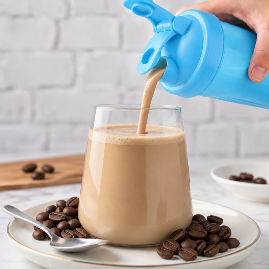 Café Latte shake being poured from a shaker