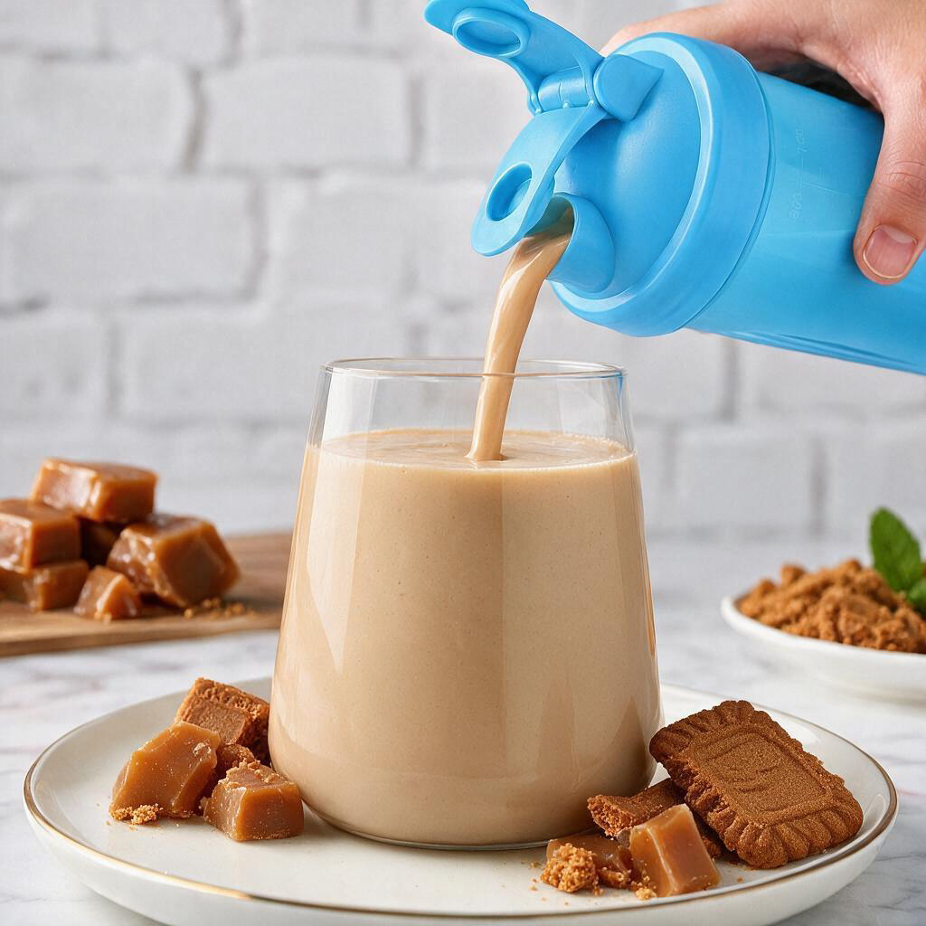 Caramel Biscuit shake being poured from a shaker
