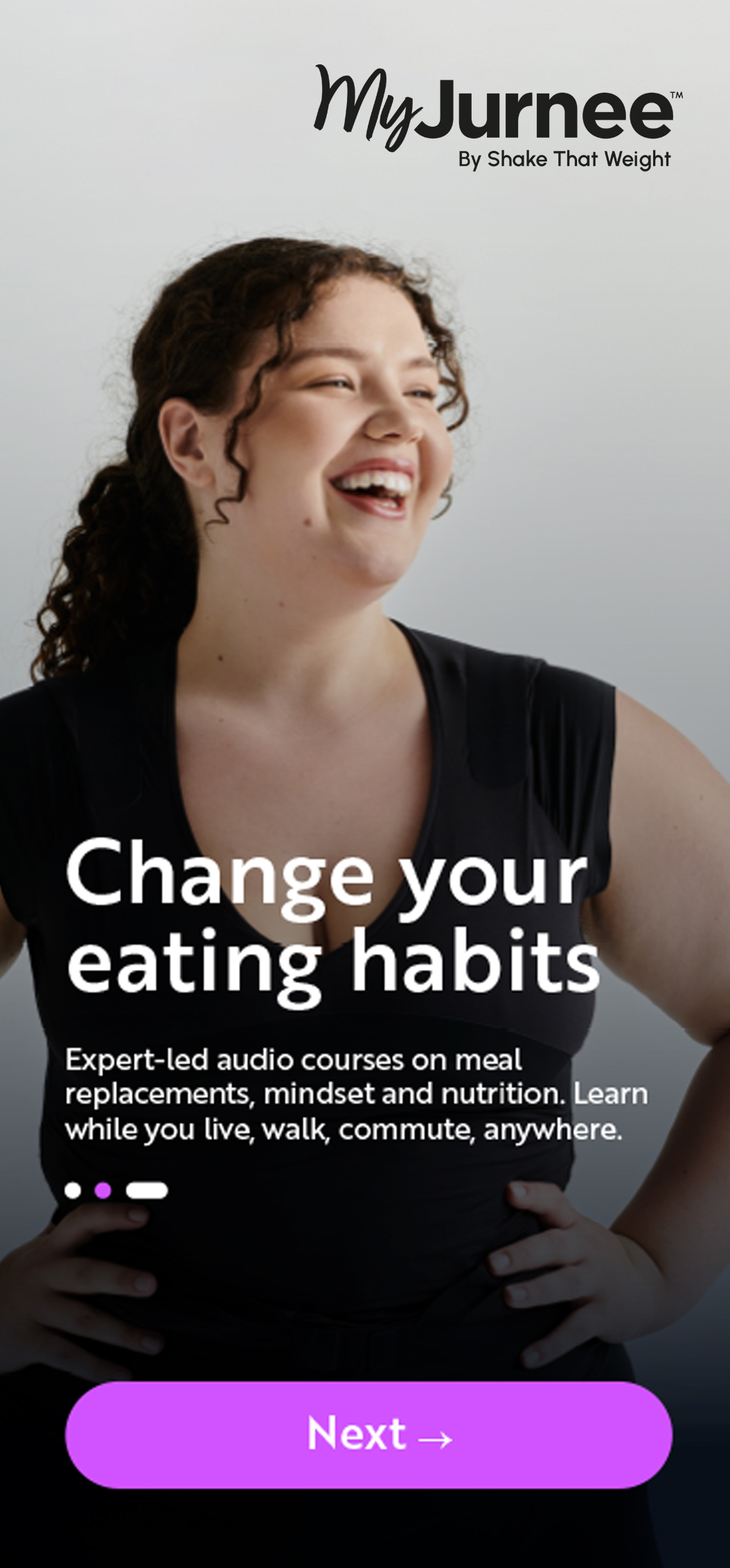 MyJurnee app welcome screen headed "Change your eating habits", with a laughing woman and a line about audio courses
