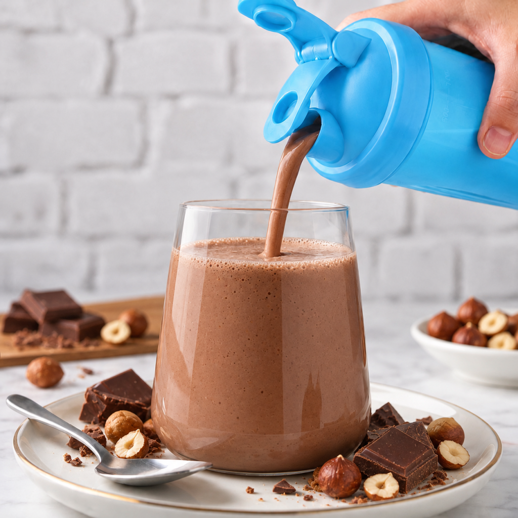 Chocolate Hazelnut shake being poured from a shaker
