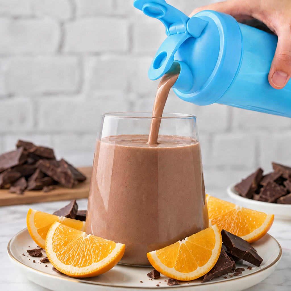 Chocolate Orange shake being poured from a shaker