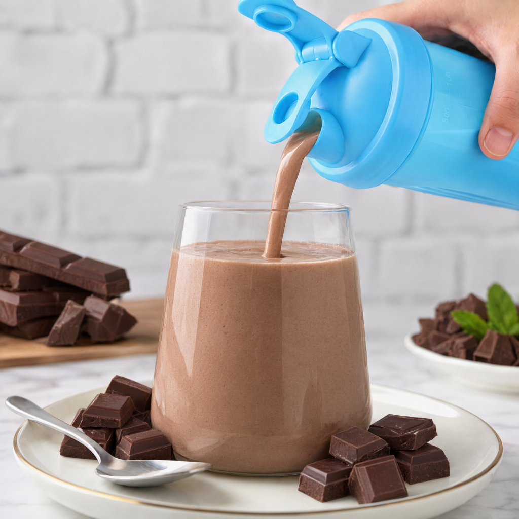 Chocolate Mint shake being poured from a shaker