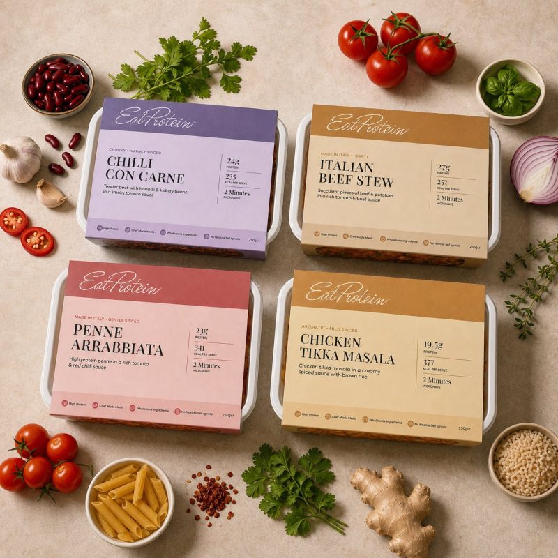 Four high-protein ready meals: Chilli Con Carne, Italian Beef Stew, Penne Arrabbiata and Chicken Tikka Masala