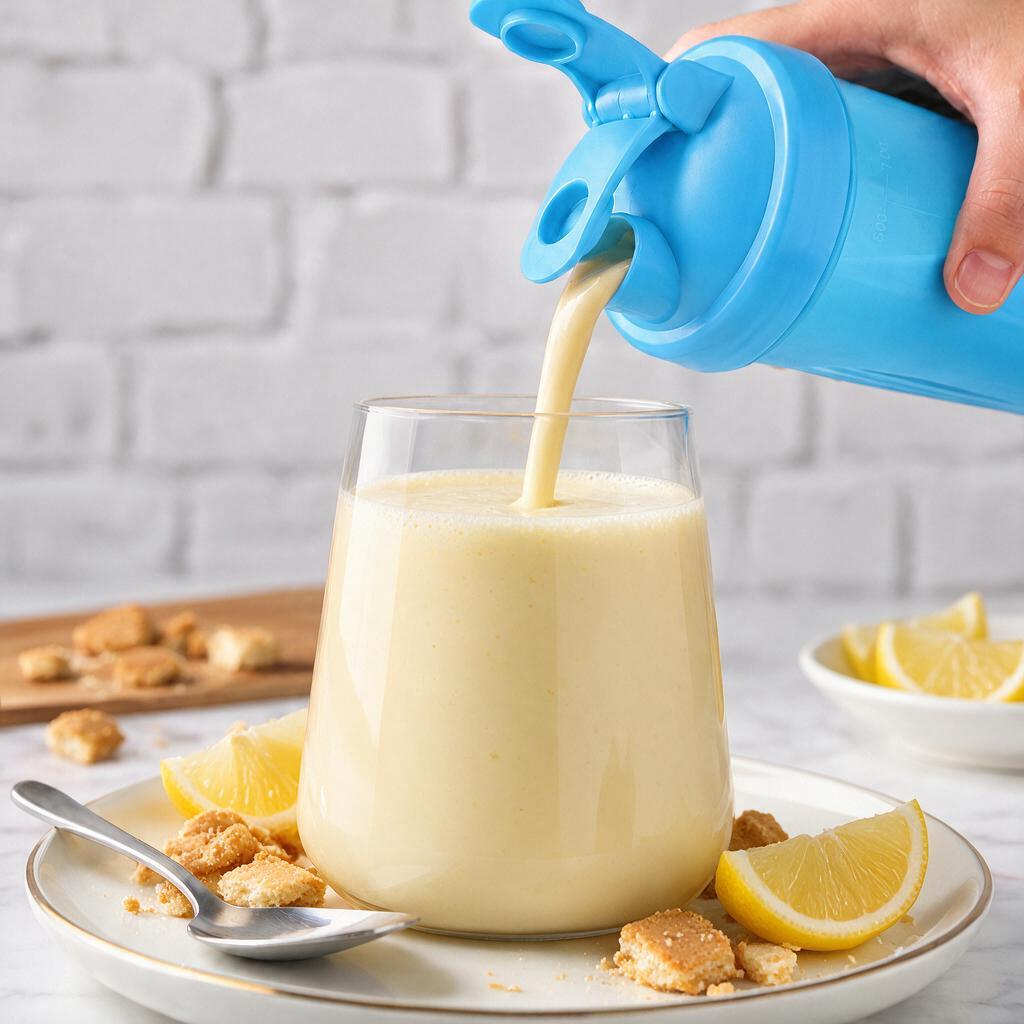 Lemon Cheesecake shake being poured from a shaker