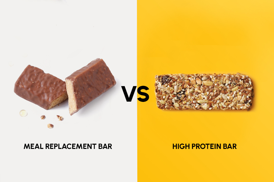 A chocolate-coated meal replacement bar next to a seeded high-protein bar, labelled meal replacement bar vs high protein bar