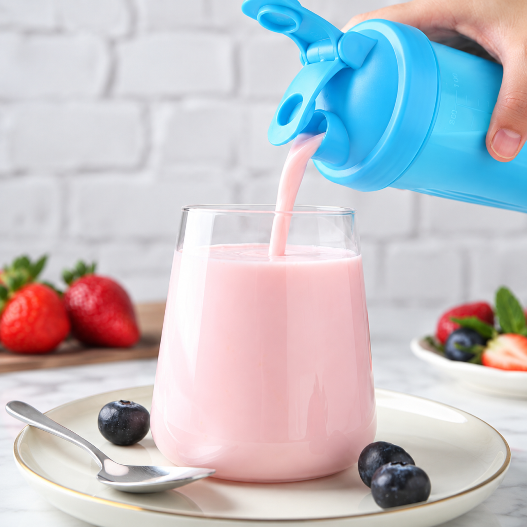 Strawberry shake being poured from a shaker