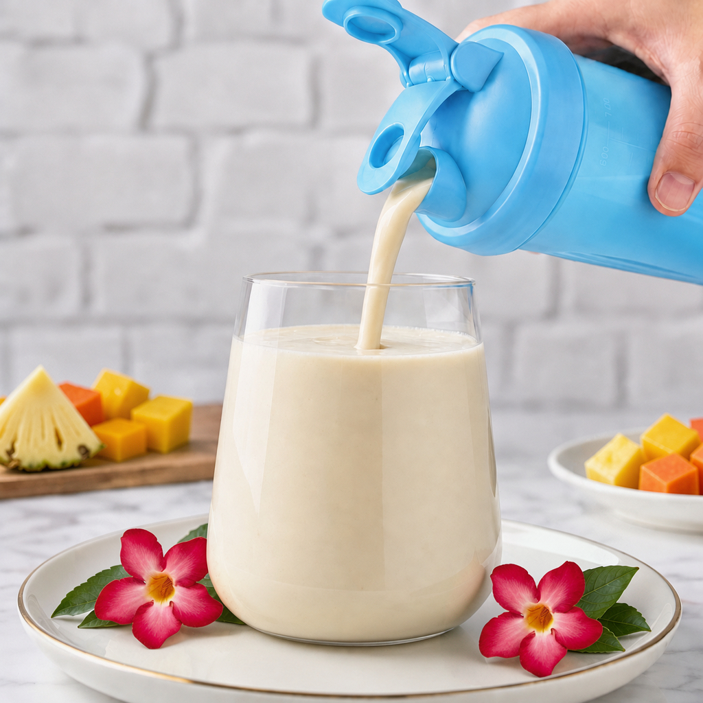 Tropical shake being poured from a shaker