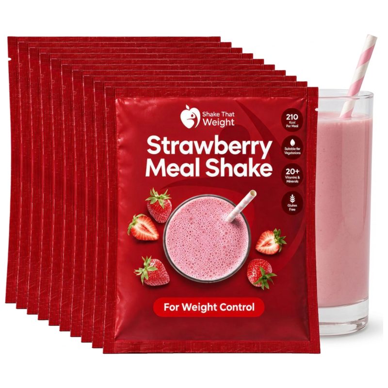Strawberry meal replacement shakes, 10 meal pack with a glass of shake