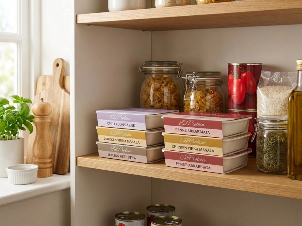 Shelf of high-protein ready meals in a kitchen cupboard