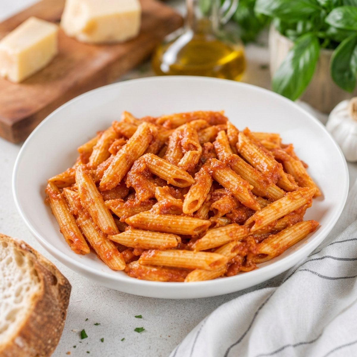 Penne arrabbiata in a white bowl