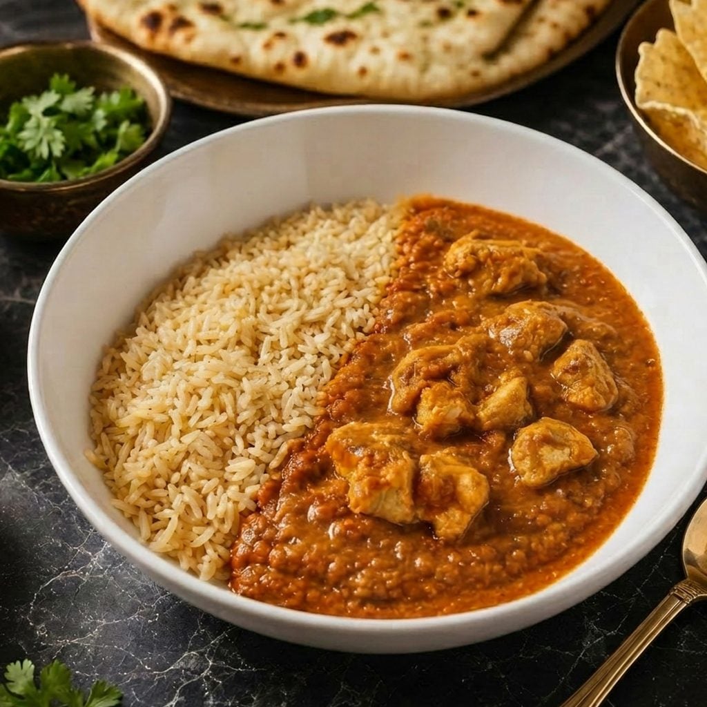 Chicken tikka masala with brown rice in a bowl